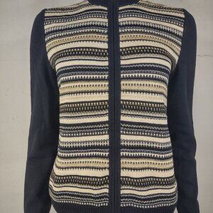 St. John Sport black ivory gold striped knit full zip cardigan sweater ladies P